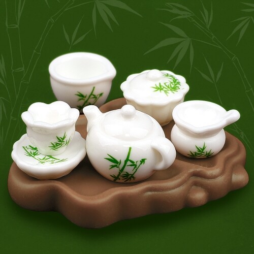 미니어처 대나무 백자 찻잔 주전자 트레이 세트