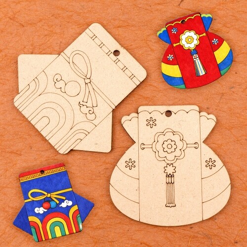 한정 판매 2개입 팬시 우드 전통 문양 복주머니 열쇠고리